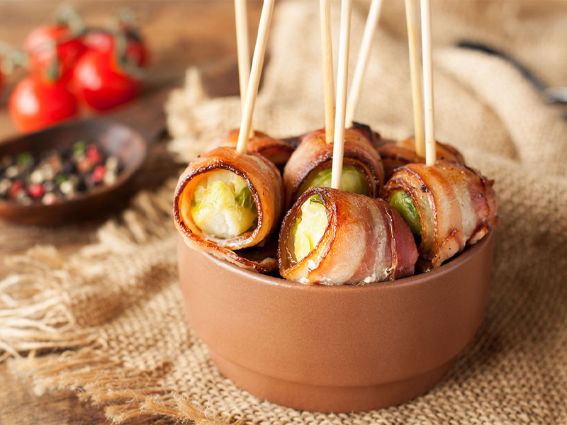 bacon wrapped brussels sprouts on toothpick skewers