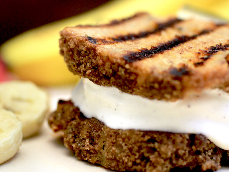 Banana bread slices with ice cream in the middle