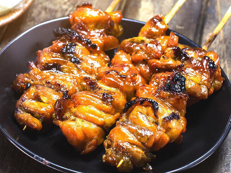 Grilled bacon-bourbon BBQ chicken skewers