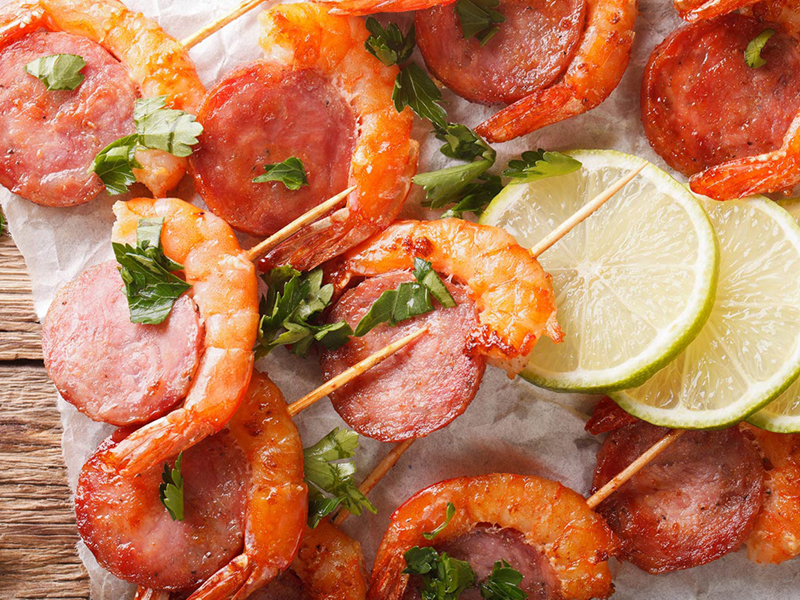 Shrimp and Chorizo on skewers for tailgating