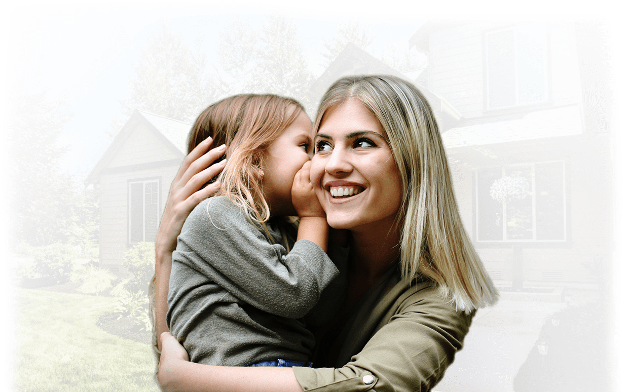 Woman holder her child, who is whispering in her ear
