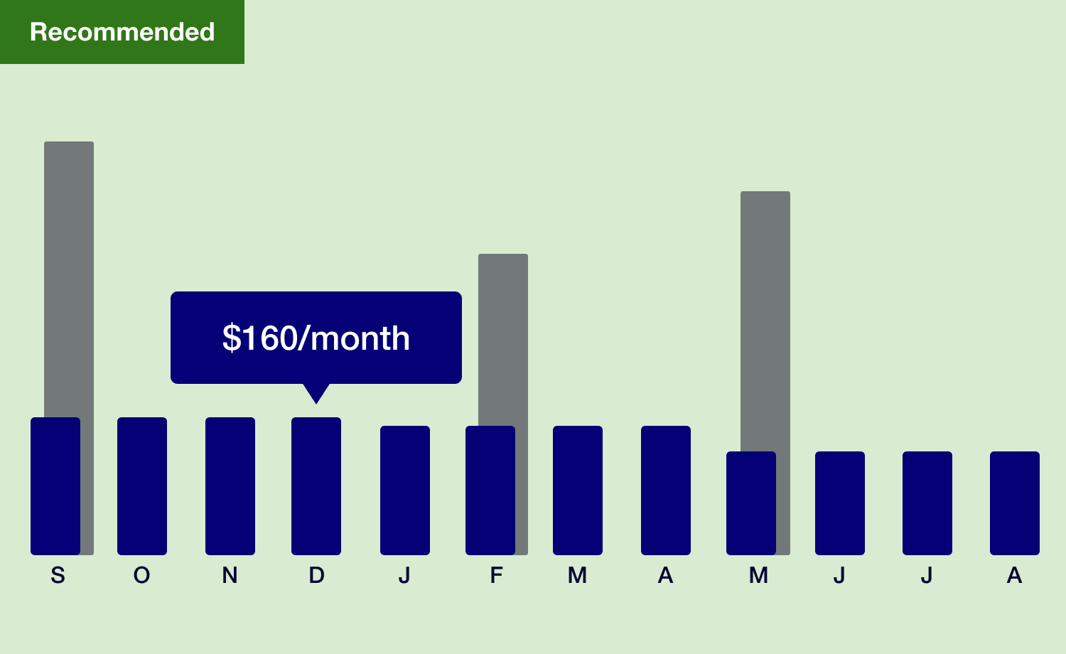 Bar graph comparing pay per month to pay per delivery, showing that pay per month standardizes payment amount regardless of spikes in usage. Where as pay per delivery can result in drastic changes in monthly payments. This is the recommended plan.