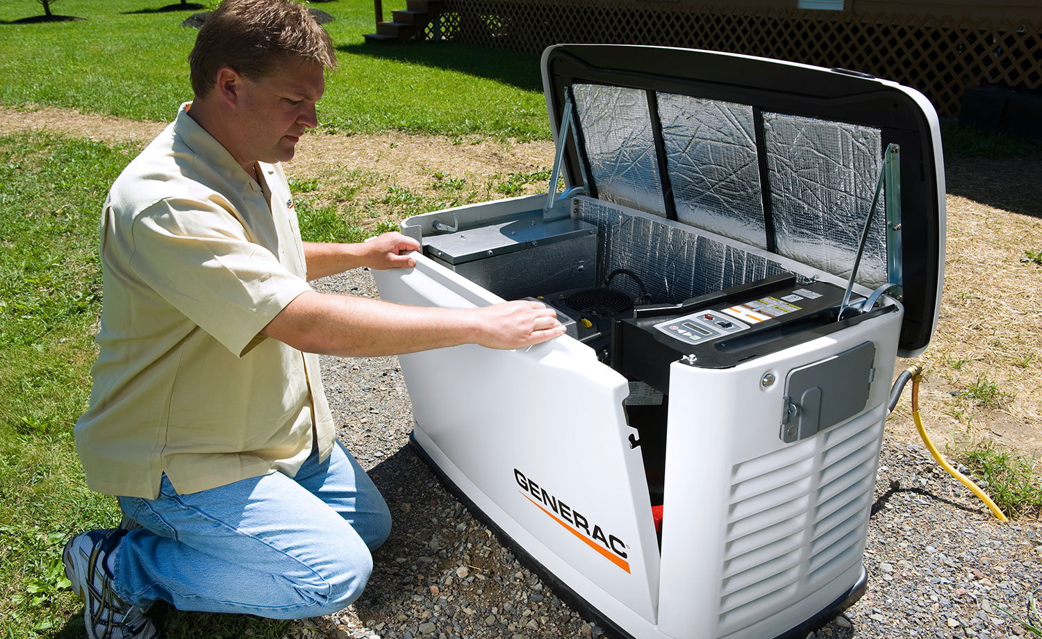 Person inspecting generator.