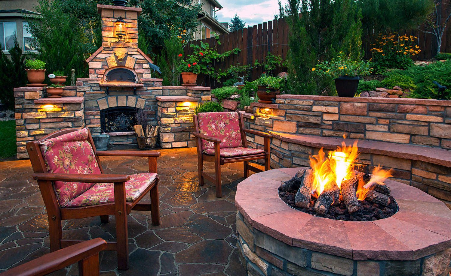 Stone patio with firepit.