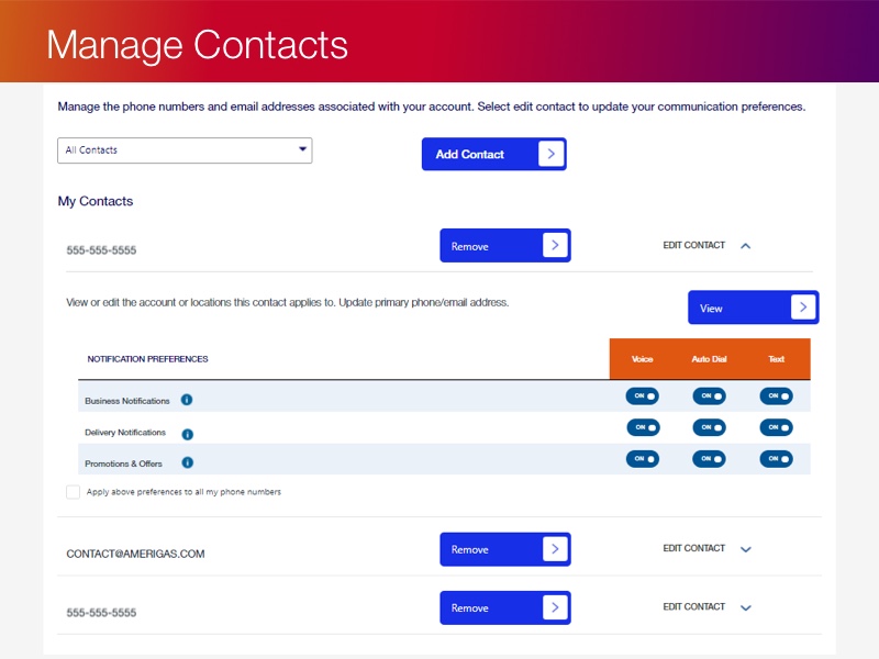 Picture of the managing contacts page within the  MyAmeriGas online portal